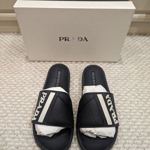 Men's PRADA Rubber Logo Embossed Black & White pool slides